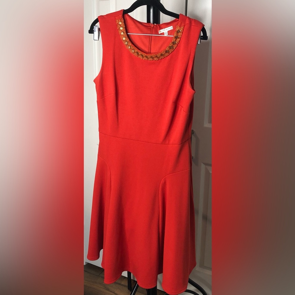 Sandra Darren Burnt Orange Midi Dress with Gold Accents,Size 10